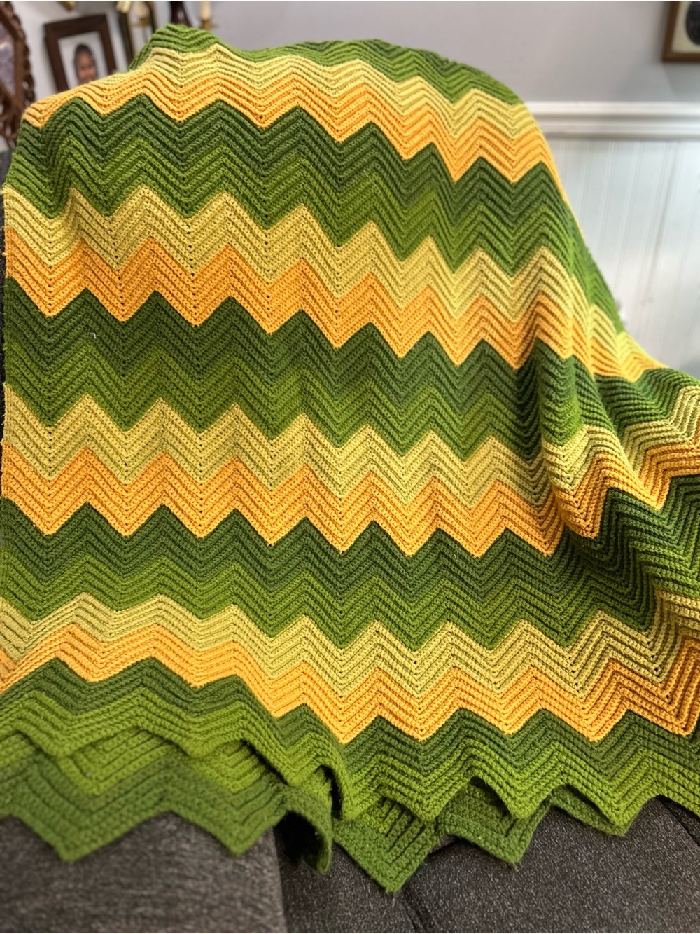 Handmade Crochet Chevron Afghan Blanket Green Yellow 49x88 Retro
